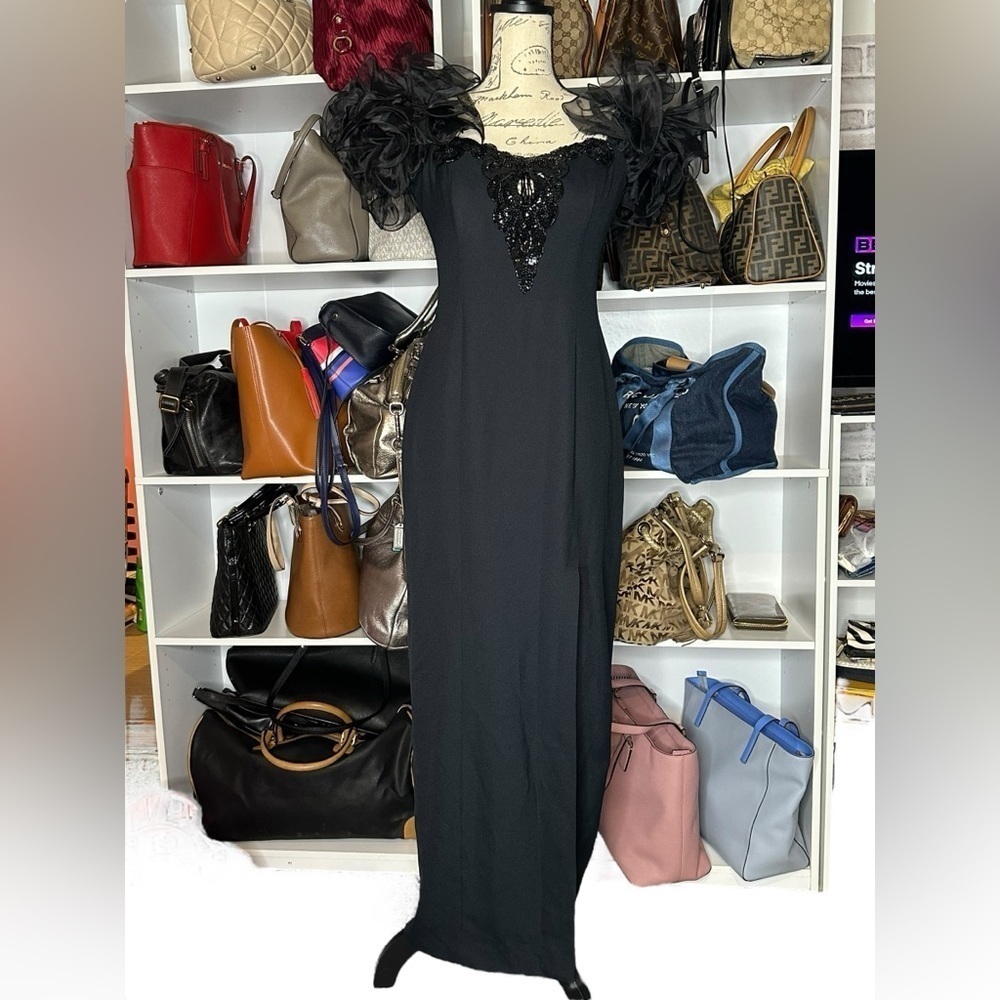 Late Edition Vintage Black Maxi Dress With Slit and Ruffles Size 8 NEW